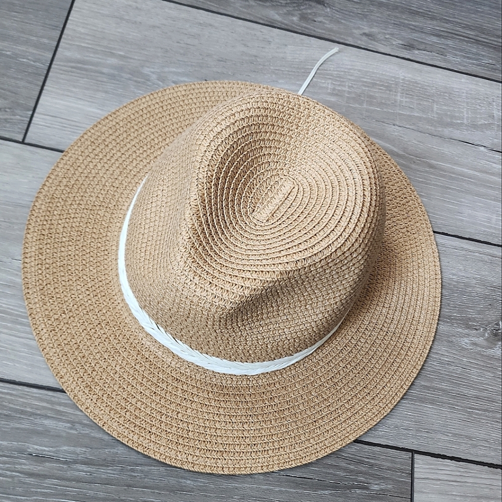 Elegant Tan Straw Hat with White Band